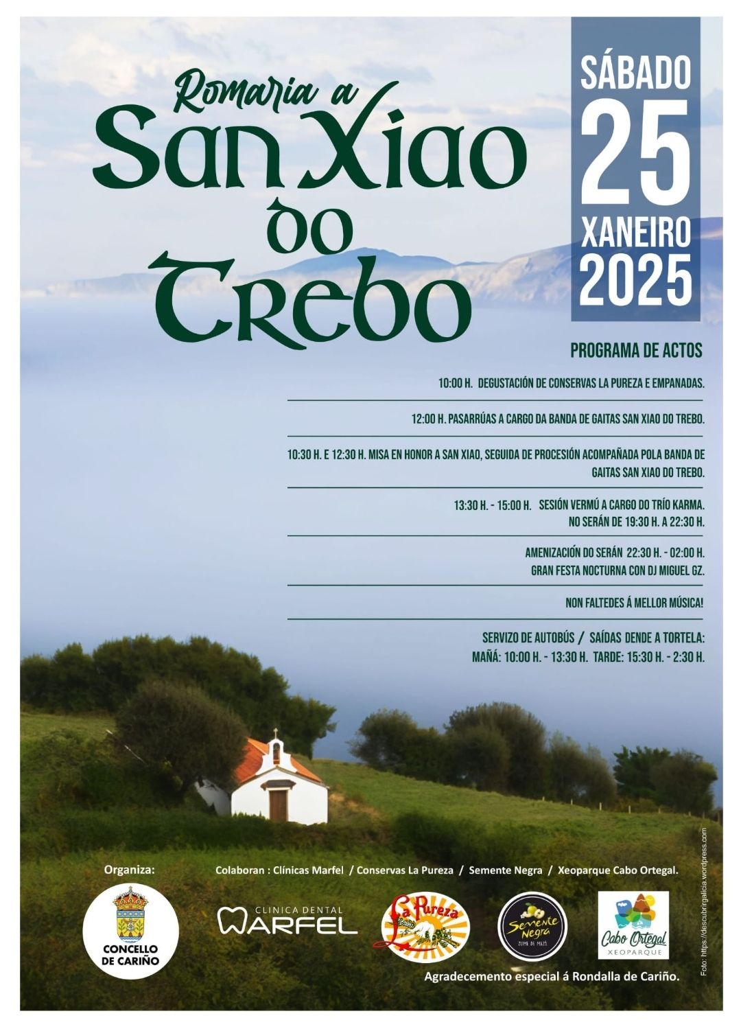 CARTEL Cariño – Cariño celebra la Romería de San Xiao este sábado y refuerza el servicio de autobús durante el evento
