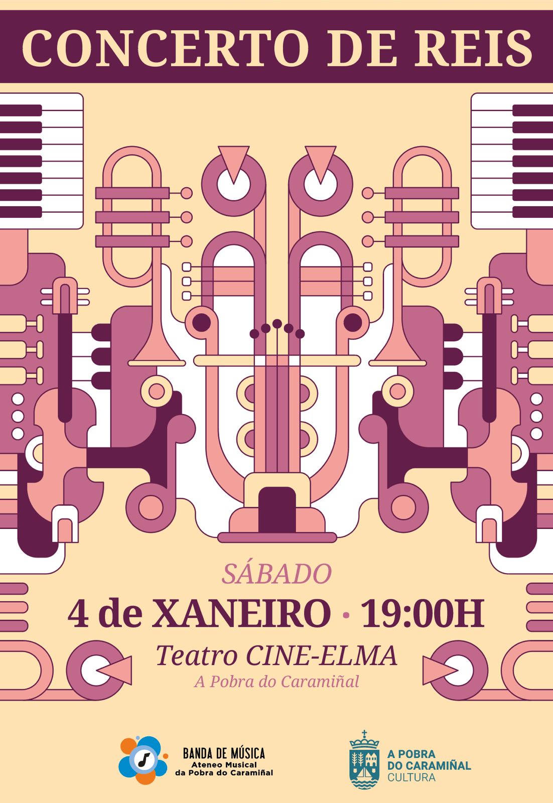 Cartel do concerto de Reis da Banda de Música Ateneo Musical da Pobra. Xaneiro 2025