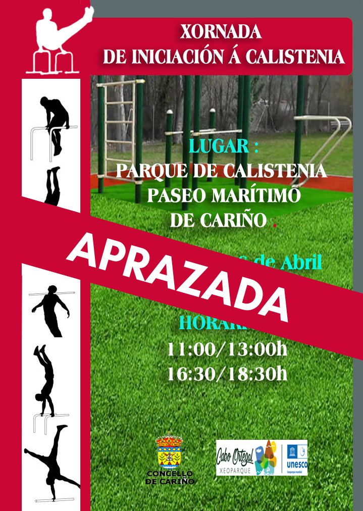 CARTEL Cariño – Aplazada la jornada de iniciación a la calistenia en Cariño por las condiciones climatológicas adversas