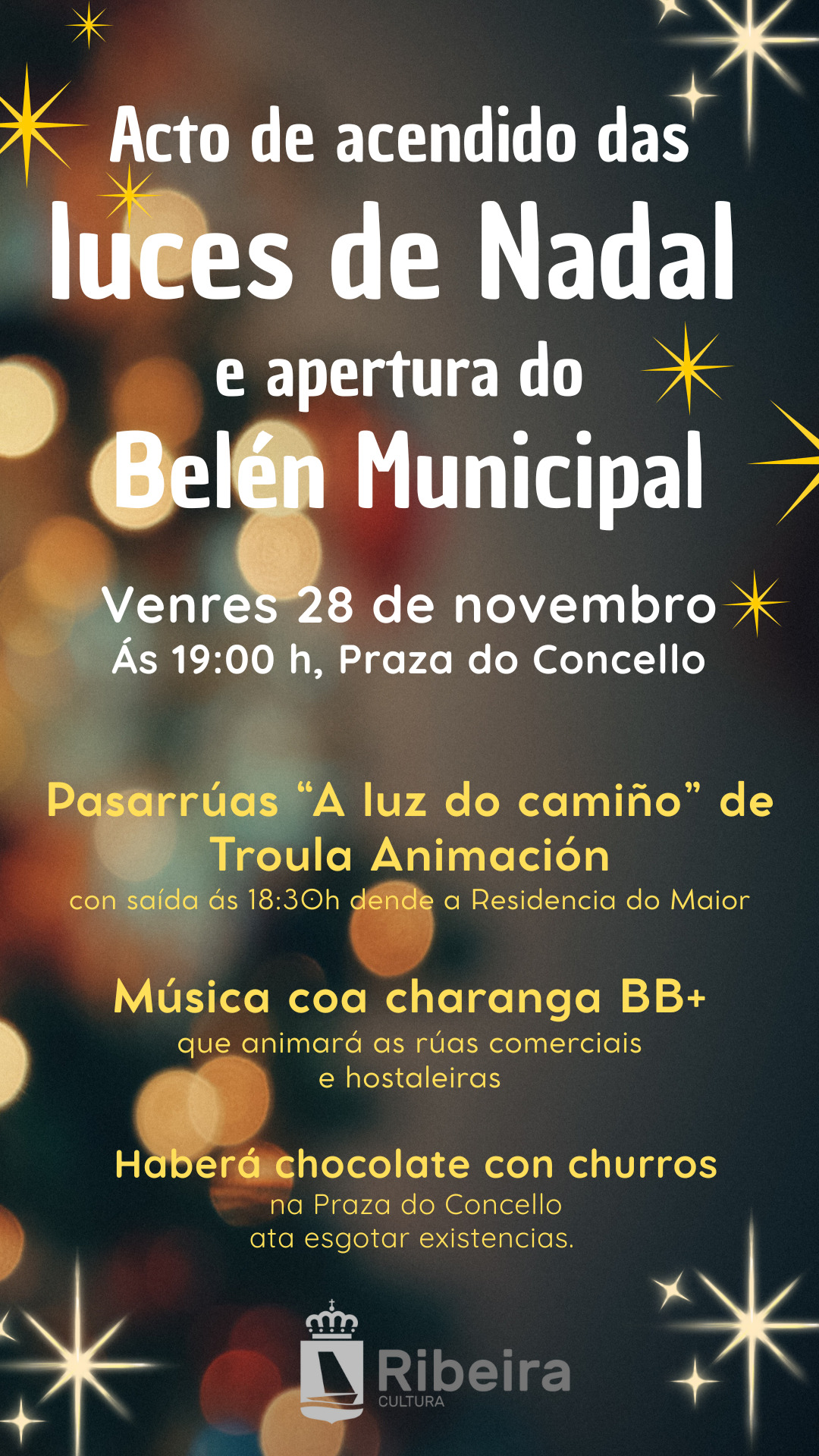 Cartel da inauguración das luces e belén do Nadal 2025-2026