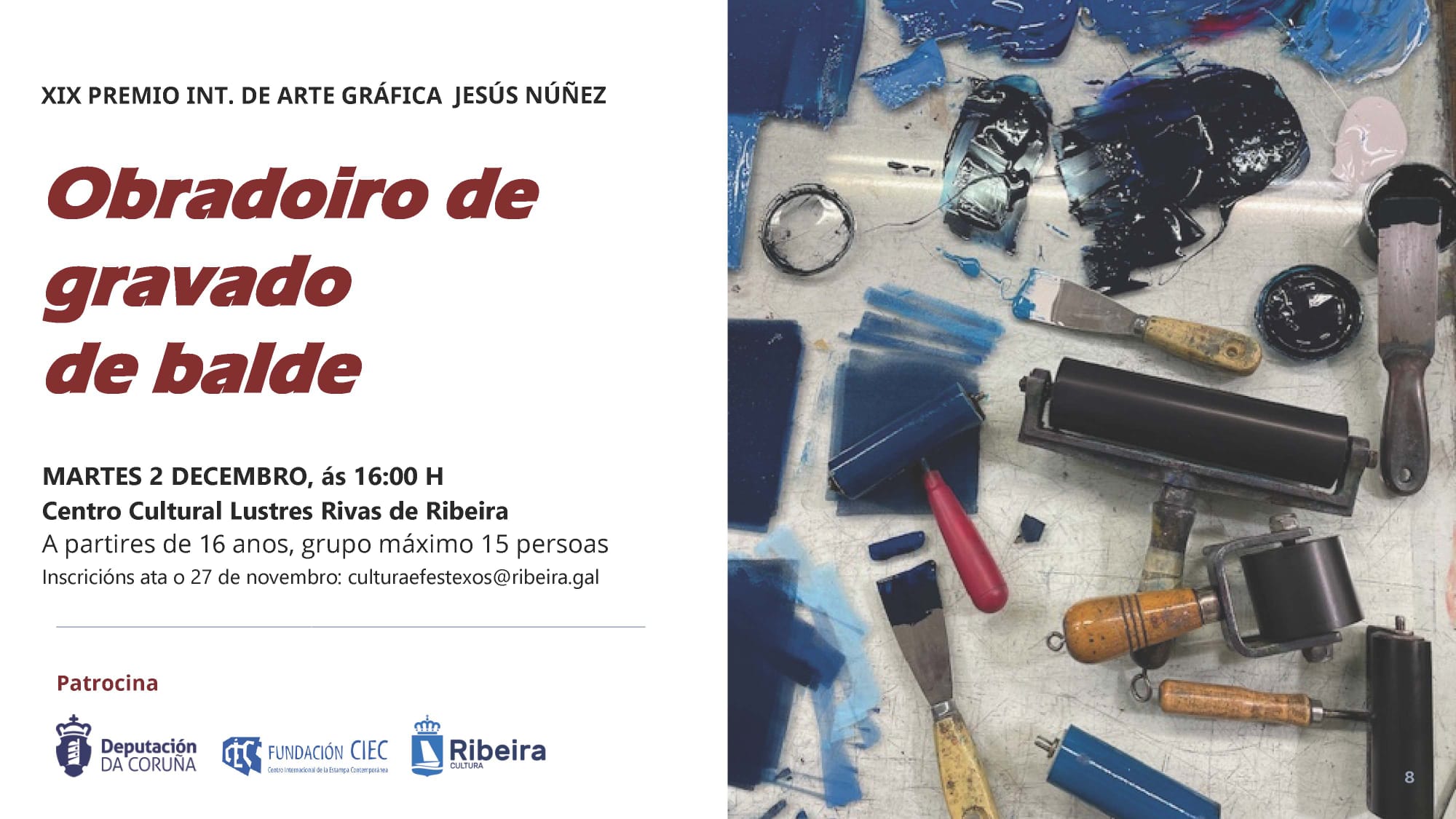 Cartel do obradoiro de gravado no Lustres Rivas 2025