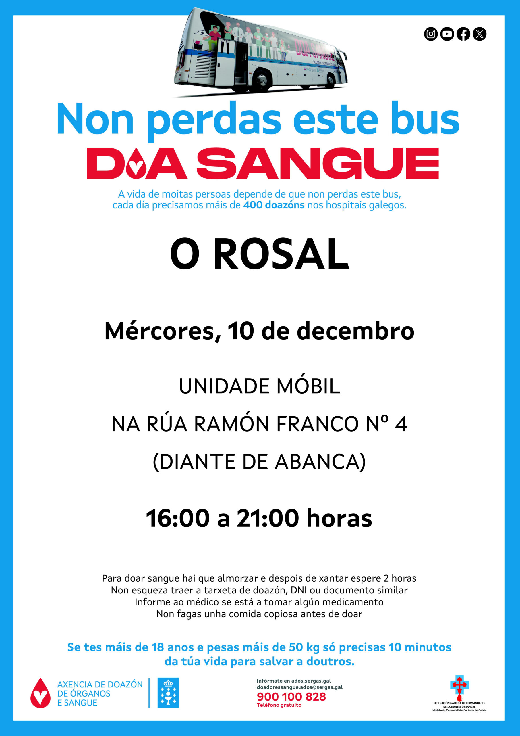 Decembro chega ao Rosal cunha nova visita da unidade moìbil da Axencia Galega de Doazoìn de Sangue