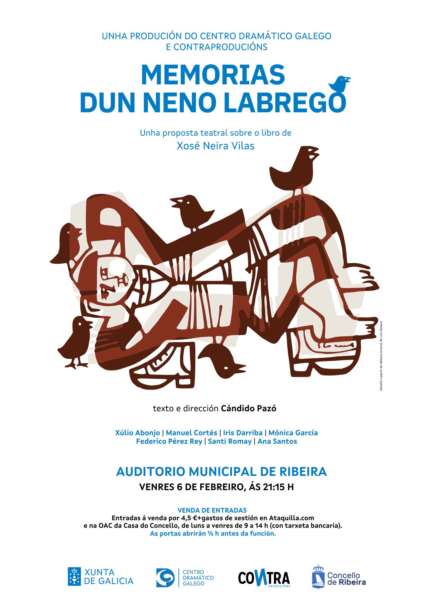 Cartel da representación teatral de Memorias dun neno labrego. Xaneiro 2026