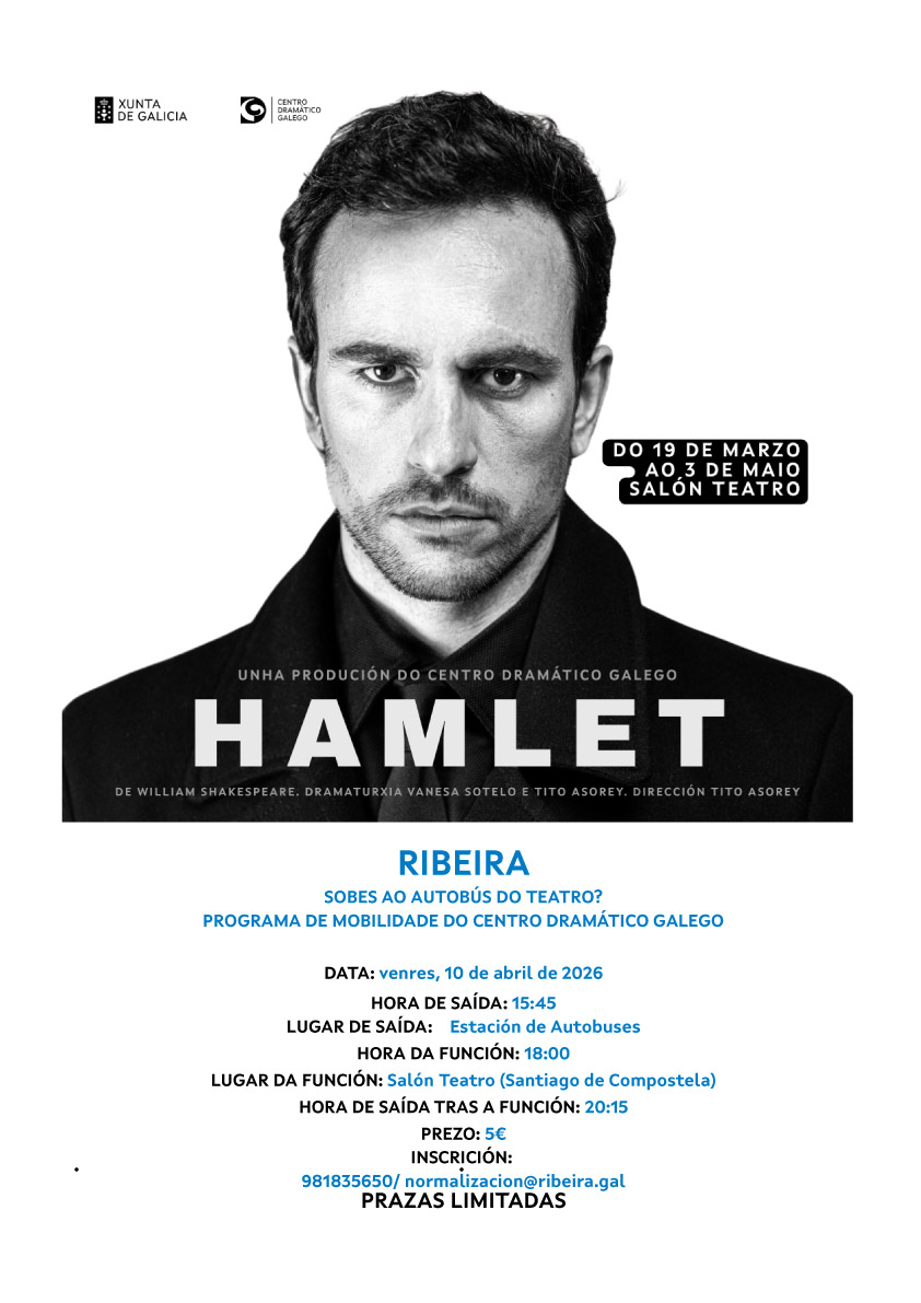 Cartel do bus do teatro para ver Hamlet. Abril 2026